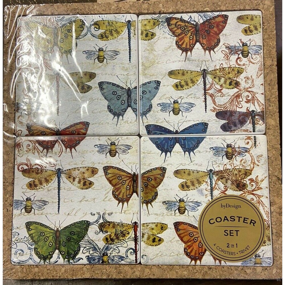 Butterfly Honey Bee Coaster and Trivet Set 4 Coaster in Cork Base 8.75 square